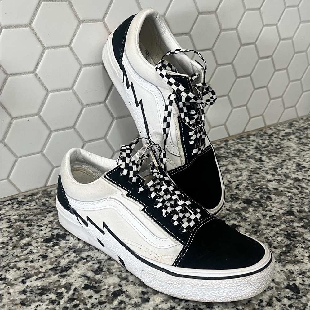 Vans Old Skool Bolt Sneakers Black True White Checkerboard Laces Mens 6.5 Womens